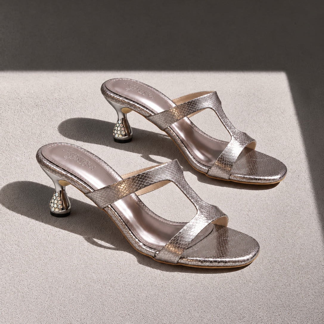Aurelia Metallic Crystal Heel Mules