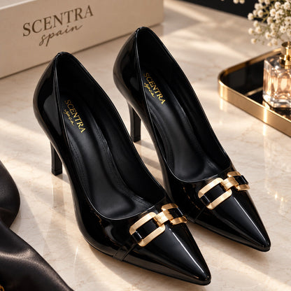 Éclat Noir Gold-Accent Patent Stiletto Pumps