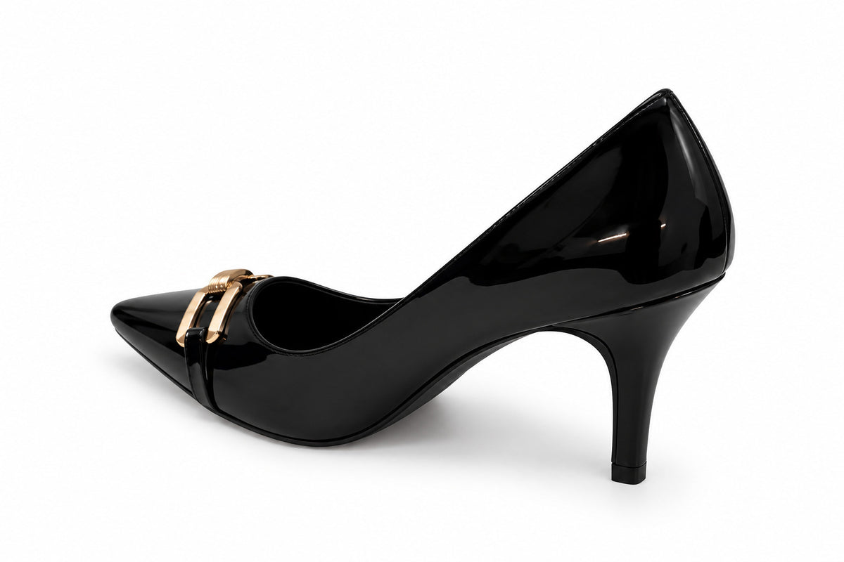 Éclat Noir Gold-Accent Patent Stiletto Pumps