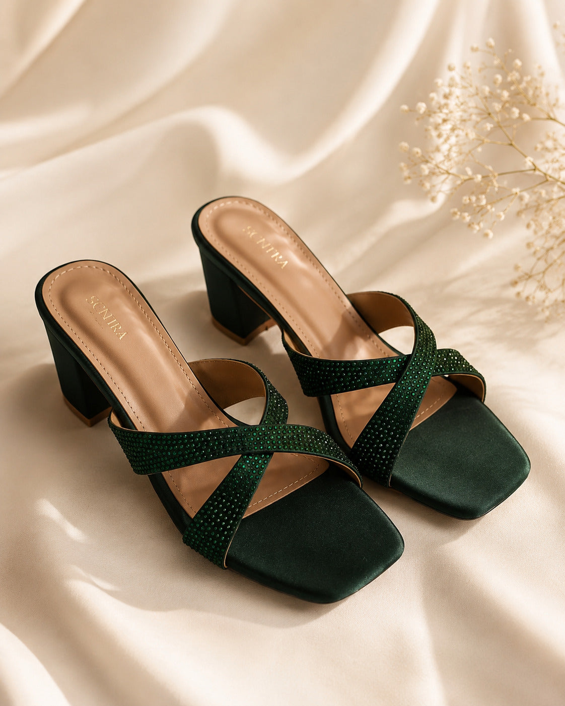 Emerald Glam Cross-Strap Heels