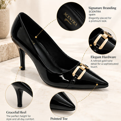 Éclat Noir Gold-Accent Patent Stiletto Pumps