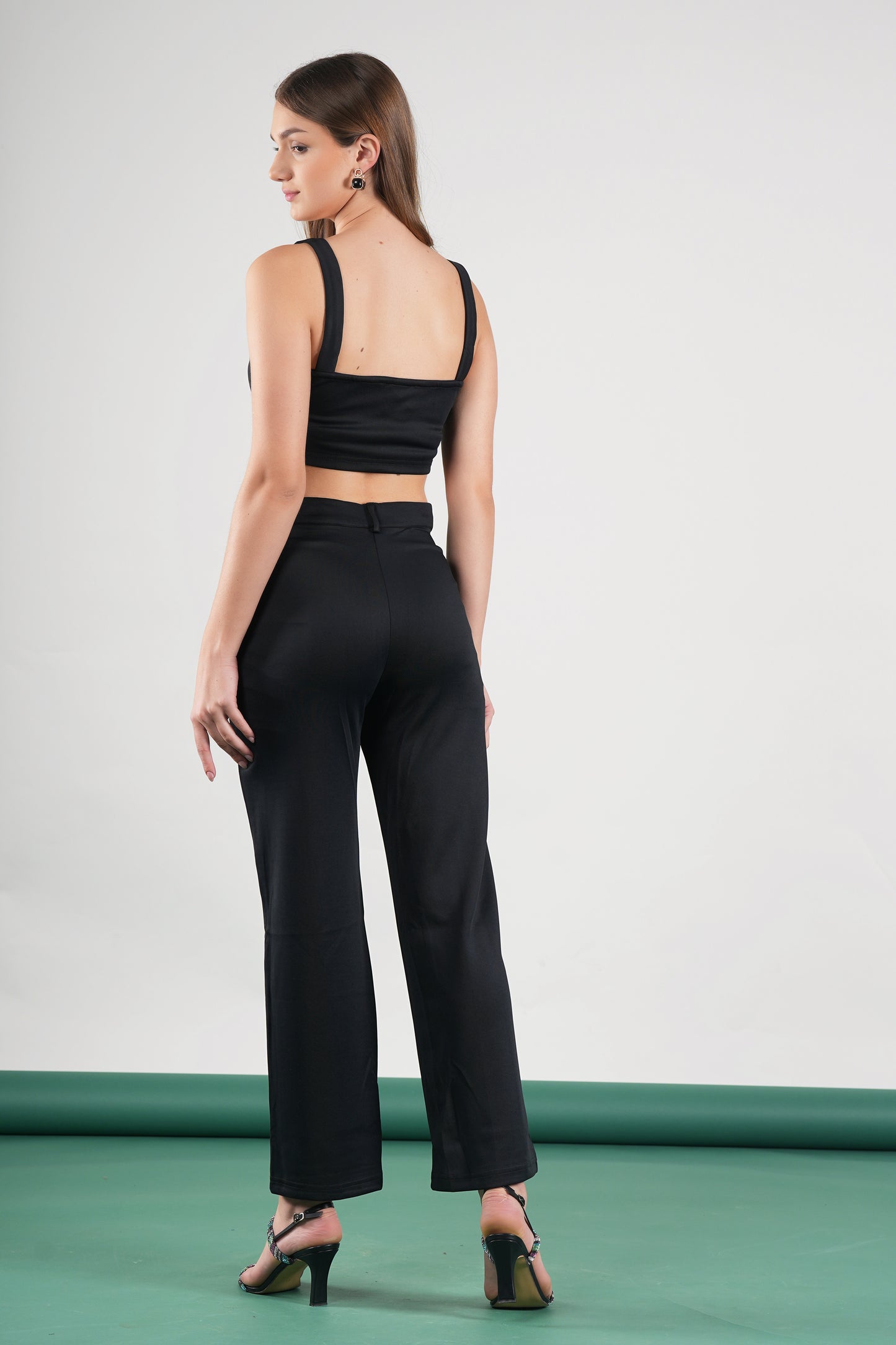 Black Cropped Strappy Top With Pin Tuck Pants Set