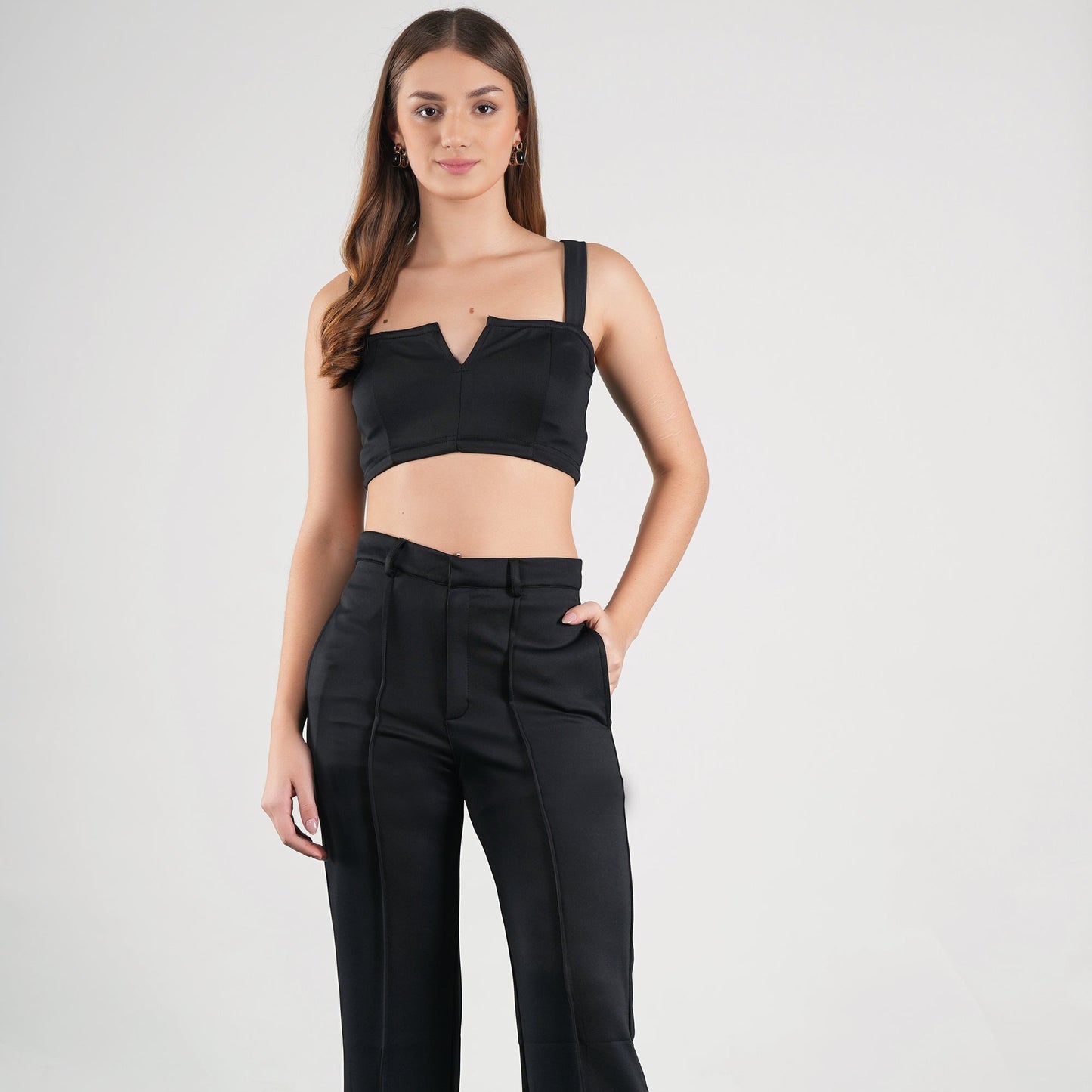 Black Cropped Strappy Top With Pin Tuck Pants Set