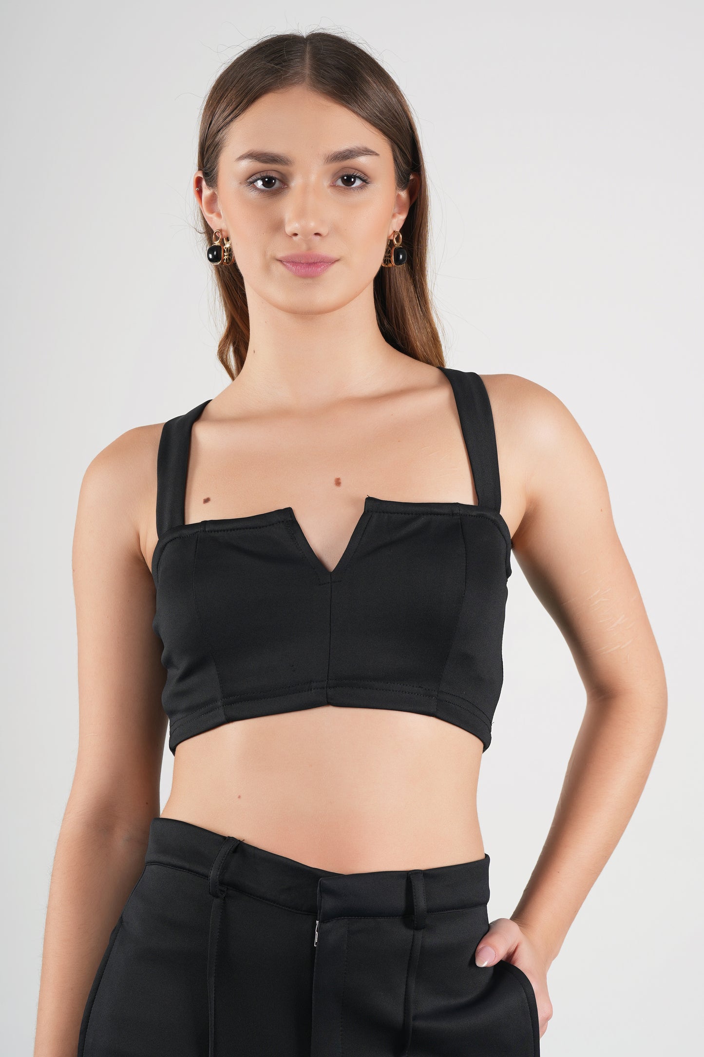 Black Cropped Strappy Top With Pin Tuck Pants Set