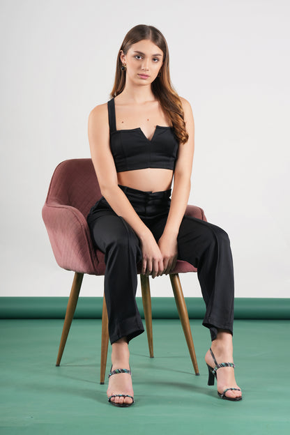 Black Cropped Strappy Top With Pin Tuck Pants Set