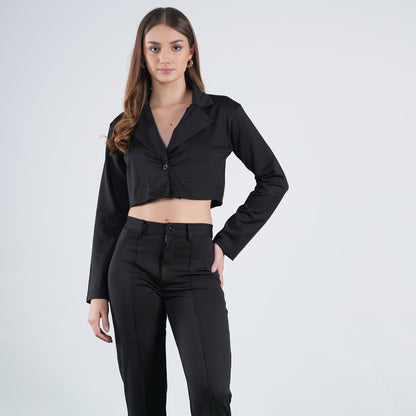 Black Crppped Jacket & Pleated Pants Set