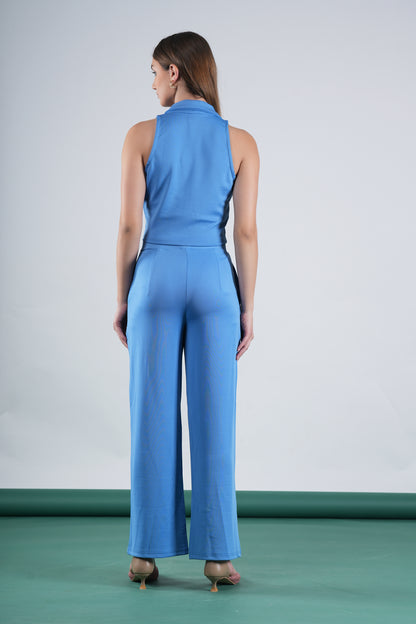 Blue Sleeveless Waistcoat & Pleated Pants Set