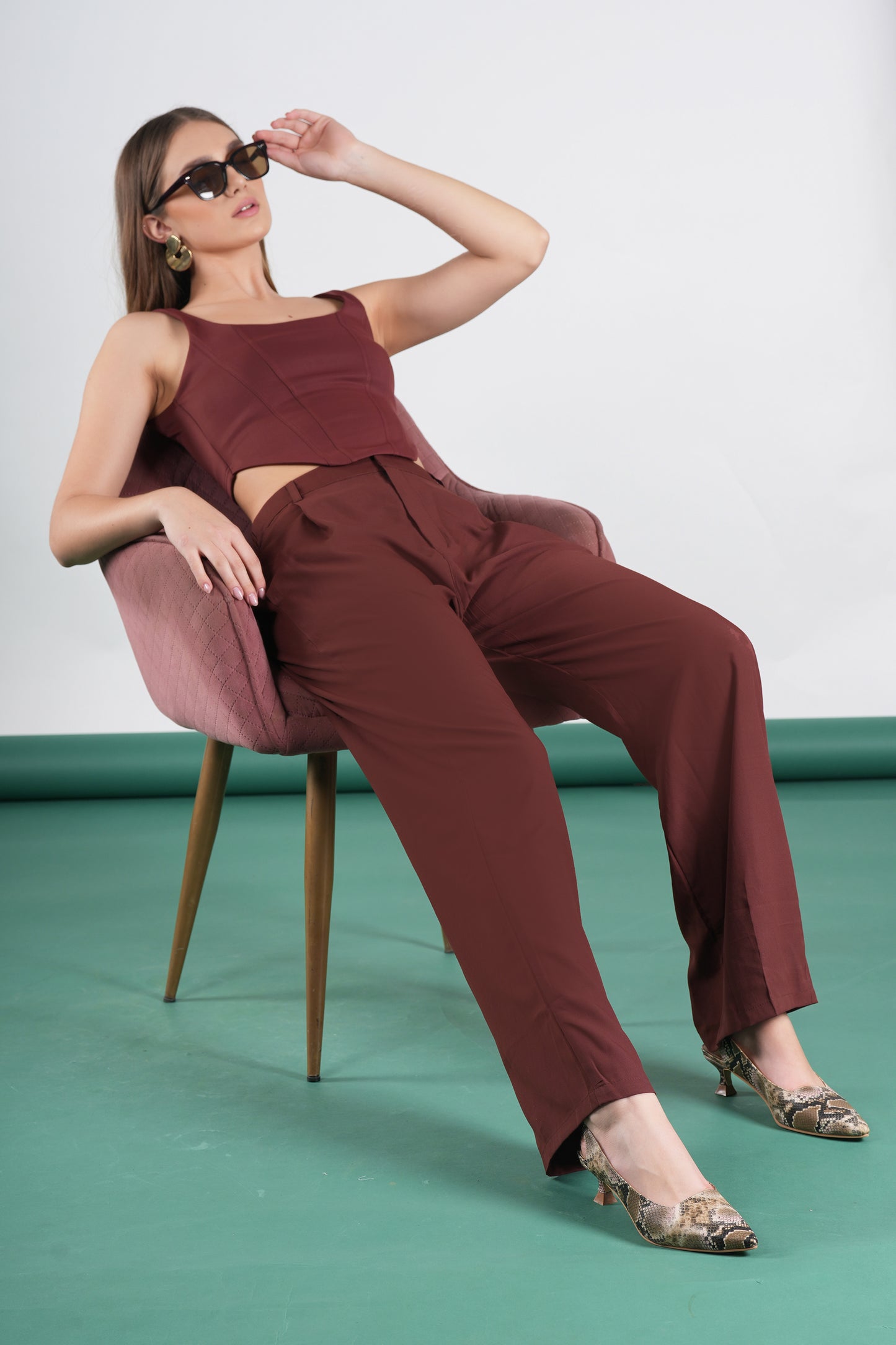 Brown High Waist Long Wide Leg Pleated Pants