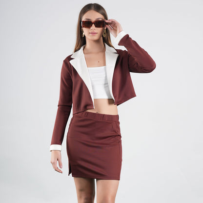 Brown Jacket With Contrast Collar & Skirt Set