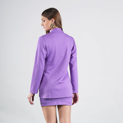 Purple Shawl Collar Jacket With Pocket & Skirt Set