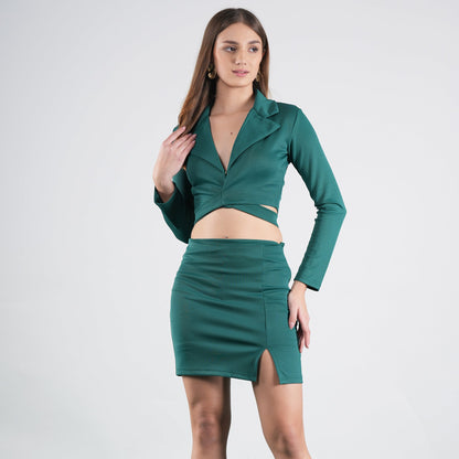 Green Criss Cross Tie Detail Jacket With Skirt Set