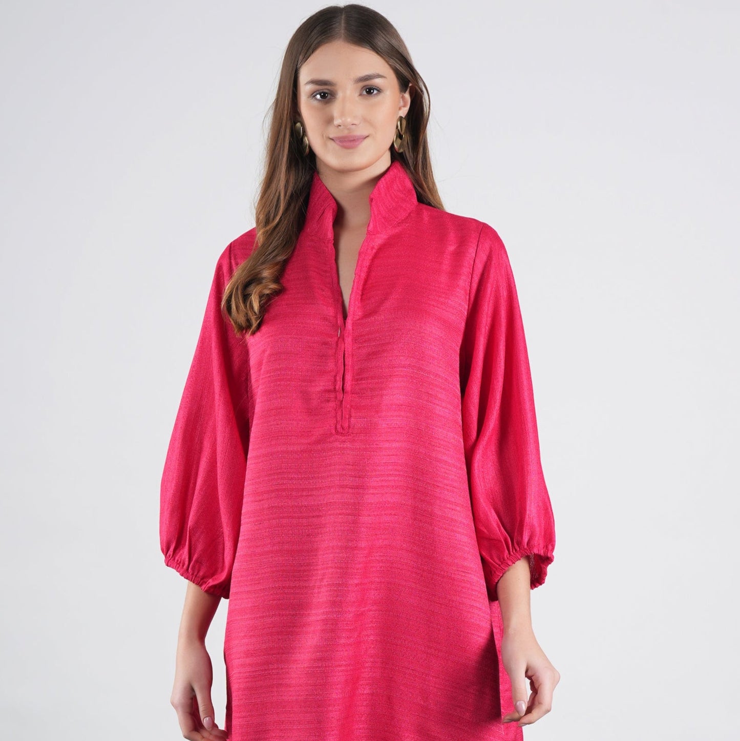 Pink stand collar dress with balloon sleeves