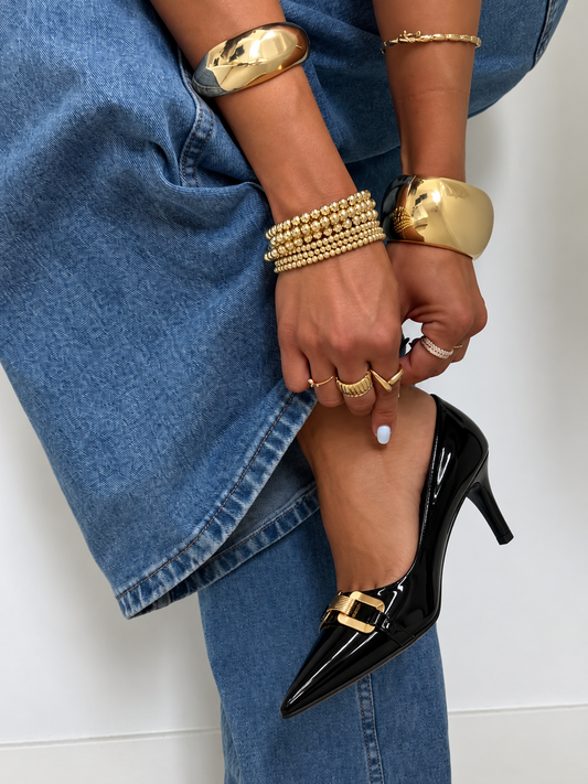 Éclat Noir Gold-Accent Patent Stiletto Pumps